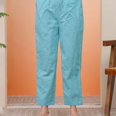 Women Turquoise Cotton Flax Solid Straight Pants