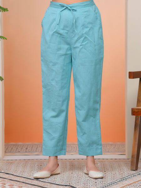 Women Turquoise Cotton Flax Solid Straight Pants