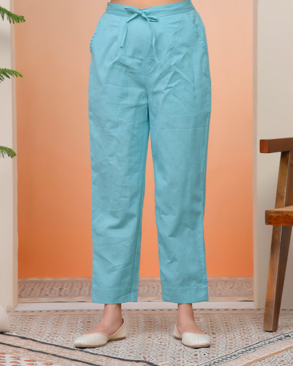 Women Turquoise Cotton Flax Solid Straight Pants