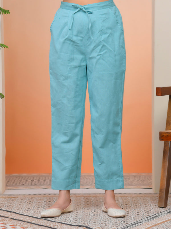 Women Turquoise Cotton Flax Solid Straight Pants