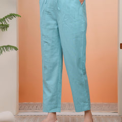 Women Turquoise Cotton Flax Solid Straight Pants