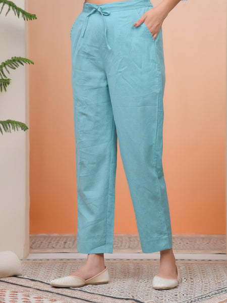 Women Turquoise Cotton Flax Solid Straight Pants