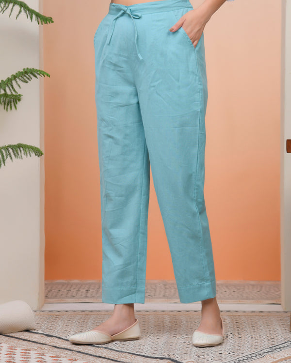 Women Turquoise Cotton Flax Solid Straight Pants