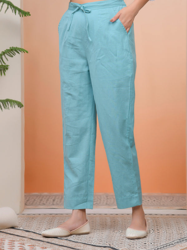 Women Turquoise Cotton Flax Solid Straight Pants