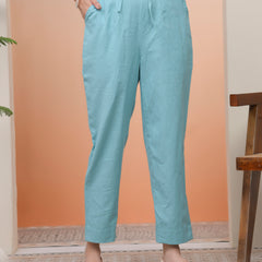 Women Turquoise Cotton Flax Solid Straight Pants