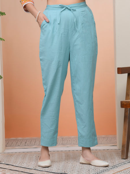 Women Turquoise Cotton Flax Solid Straight Pants