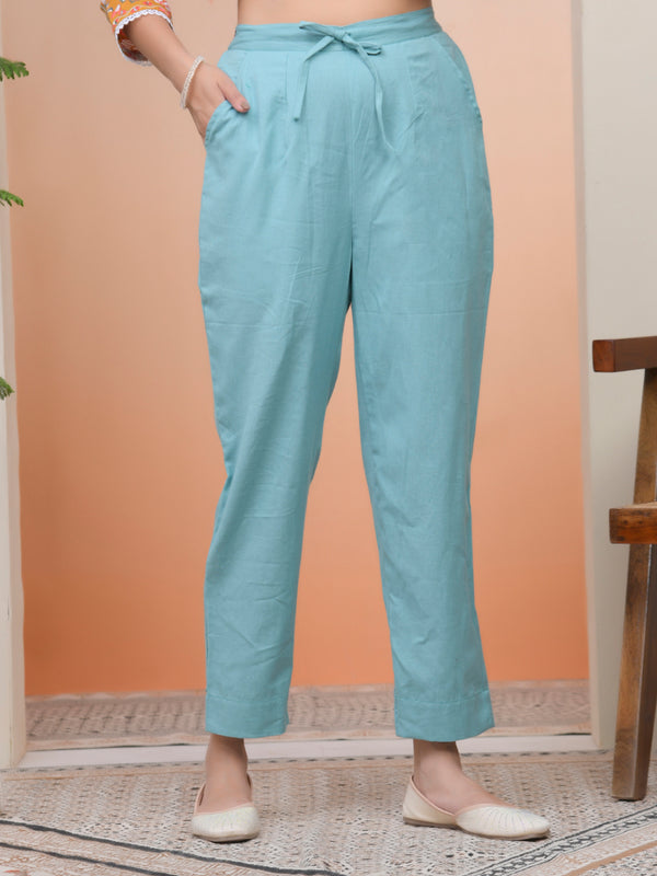 Women Turquoise Cotton Flax Solid Straight Pants