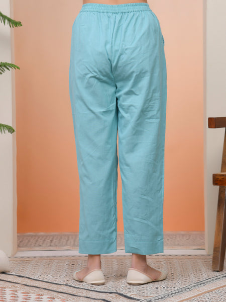 Women Turquoise Cotton Flax Solid Straight Pants
