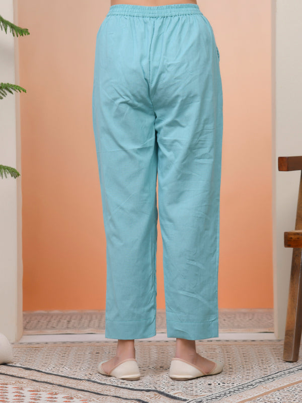 Women Turquoise Cotton Flax Solid Straight Pants