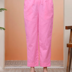 Women Pink Cotton Flax Solid Straight Pants