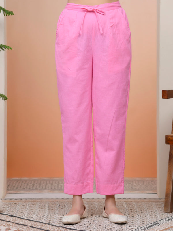 Women Pink Cotton Flax Solid Straight Pants