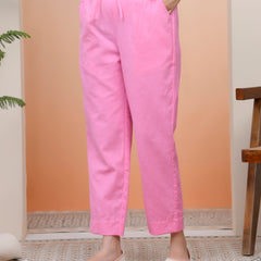 Women Pink Cotton Flax Solid Straight Pants