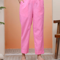 Women Pink Cotton Flax Solid Straight Pants