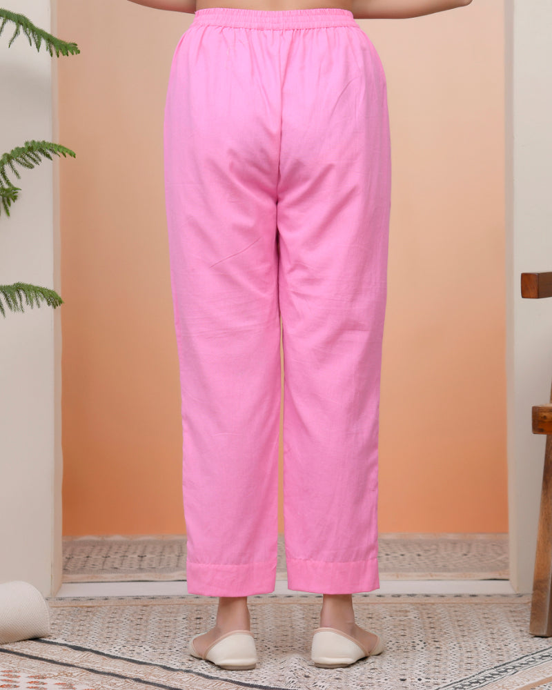 Women Pink Cotton Flax Solid Straight Pants