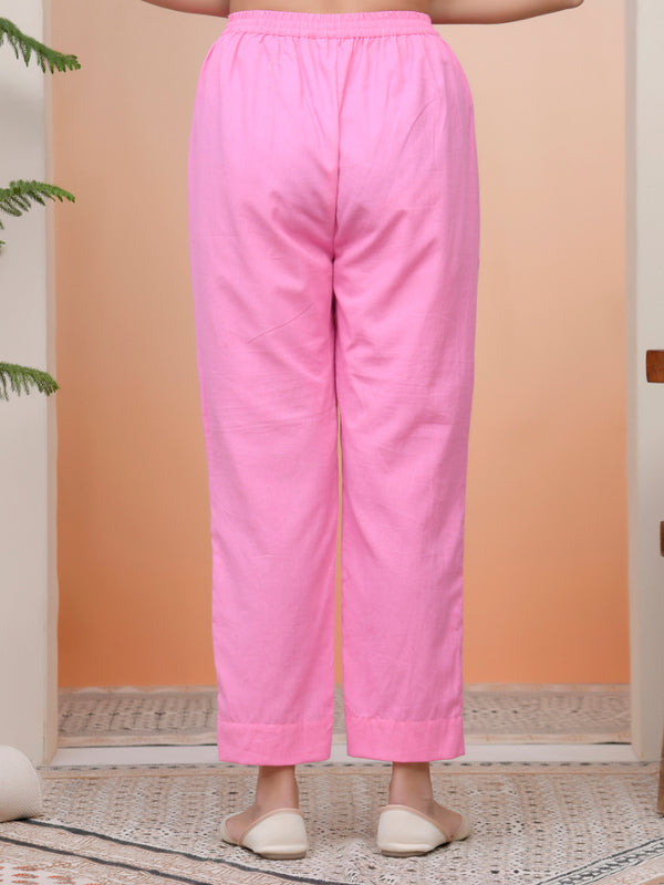 Women Pink Cotton Flax Solid Straight Pants