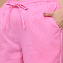 Women Pink Cotton Flax Solid Straight Pants