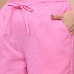 Women Pink Cotton Flax Solid Straight Pants