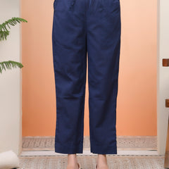 Women Royal Blue Cotton Flax Solid Straight Pants