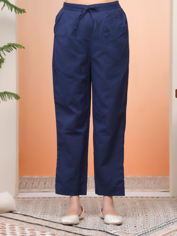 Women Royal Blue Cotton Flax Solid Straight Pants