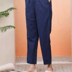 Women Royal Blue Cotton Flax Solid Straight Pants