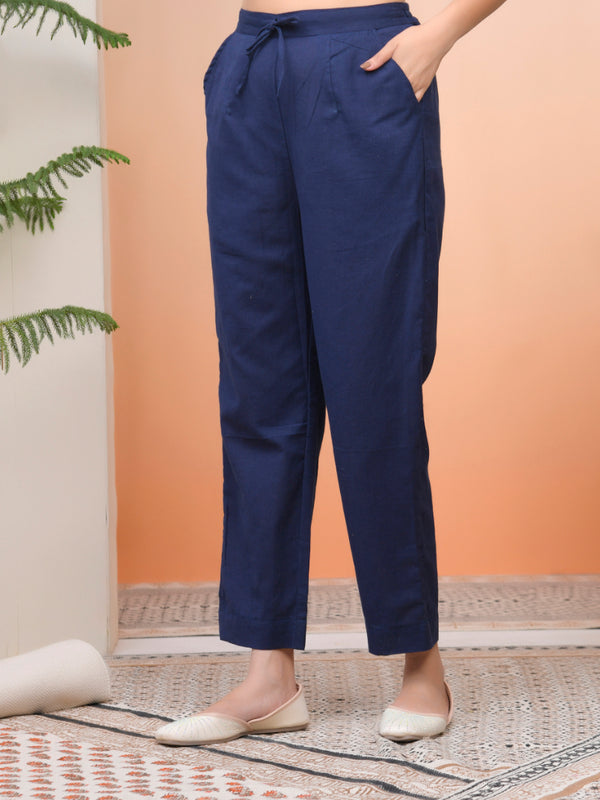 Women Royal Blue Cotton Flax Solid Straight Pants