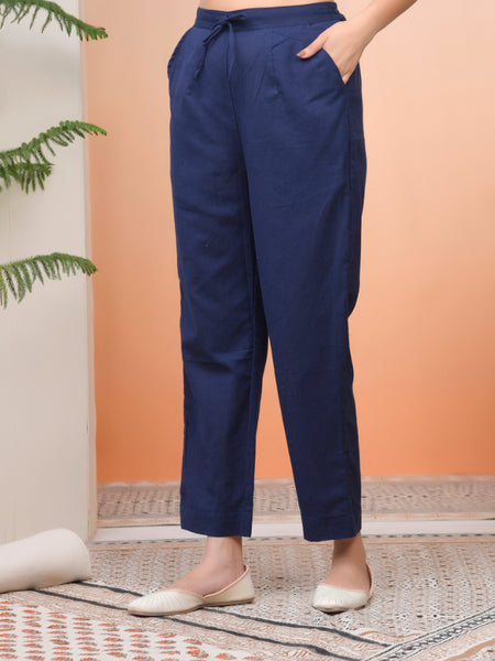 Women Cobalt Blue Cotton Flax Solid Straight Pants