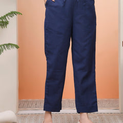Women Royal Blue Cotton Flax Solid Straight Pants