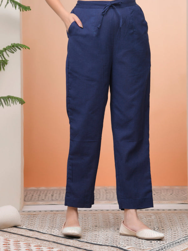 Women Royal Blue Cotton Flax Solid Straight Pants