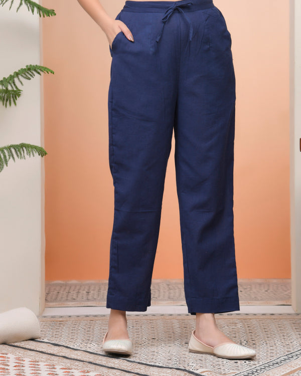 Women Cobalt Blue Cotton Flax Solid Straight Pants