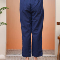 Women Royal Blue Cotton Flax Solid Straight Pants