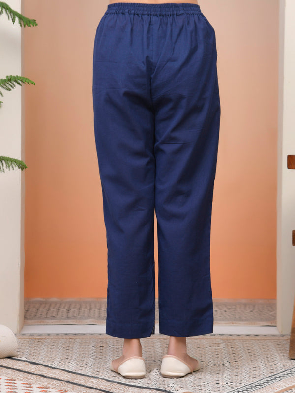 Women Royal Blue Cotton Flax Solid Straight Pants