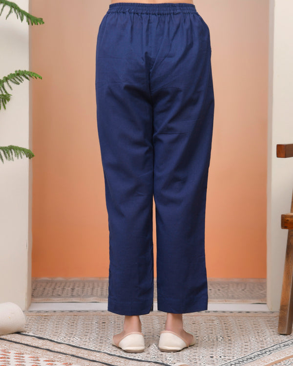 Women Cobalt Blue Cotton Flax Solid Straight Pants