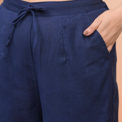 Women Royal Blue Cotton Flax Solid Straight Pants