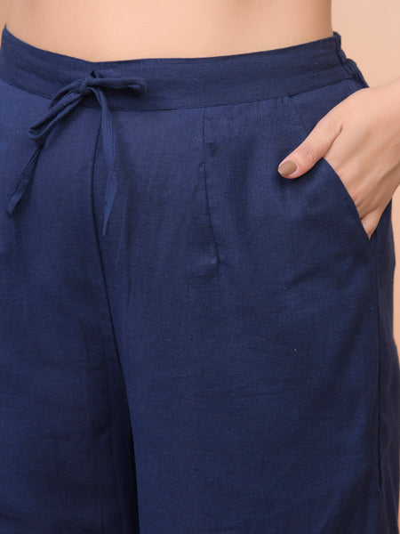 Women Cobalt Blue Cotton Flax Solid Straight Pants