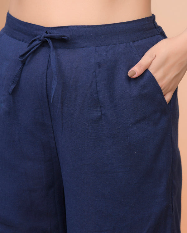 Women Cobalt Blue Cotton Flax Solid Straight Pants