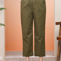 Women Olive Green Cotton Flax Solid Straight Pants