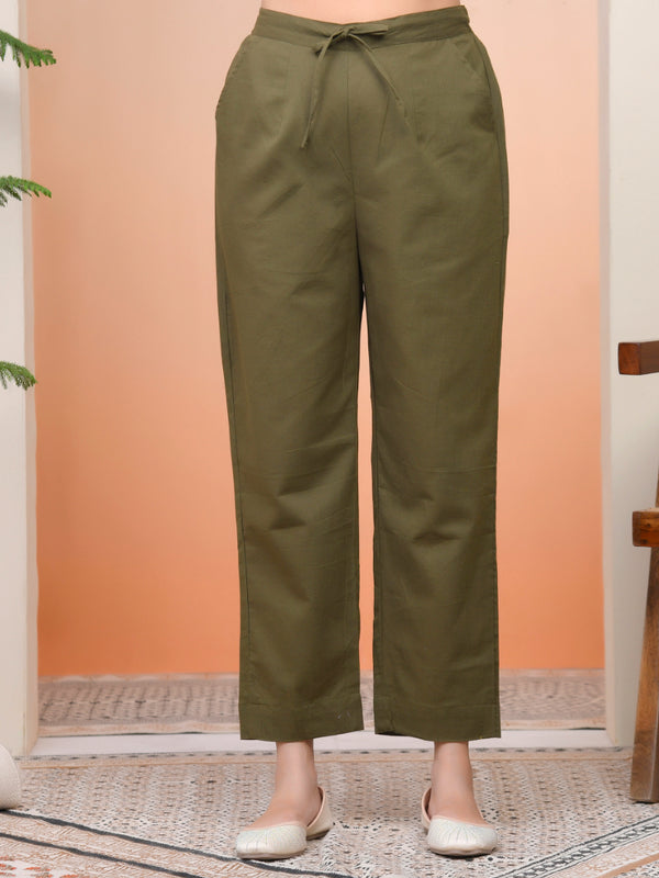 Women Olive Green Cotton Flax Solid Straight Pants