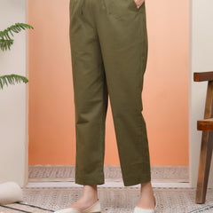 Women Olive Green Cotton Flax Solid Straight Pants