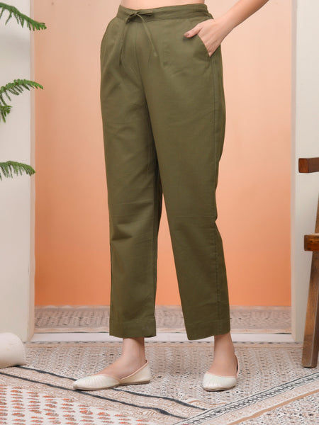 Women Olive Green Cotton Flax Solid Straight Pants