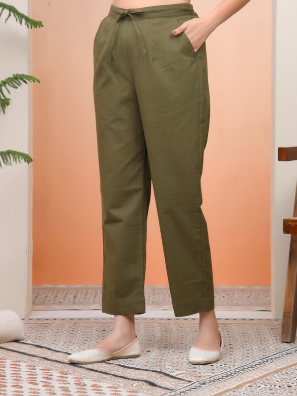 Women Olive Green Cotton Flax Solid Straight Pants