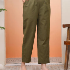 Women Olive Green Cotton Flax Solid Straight Pants