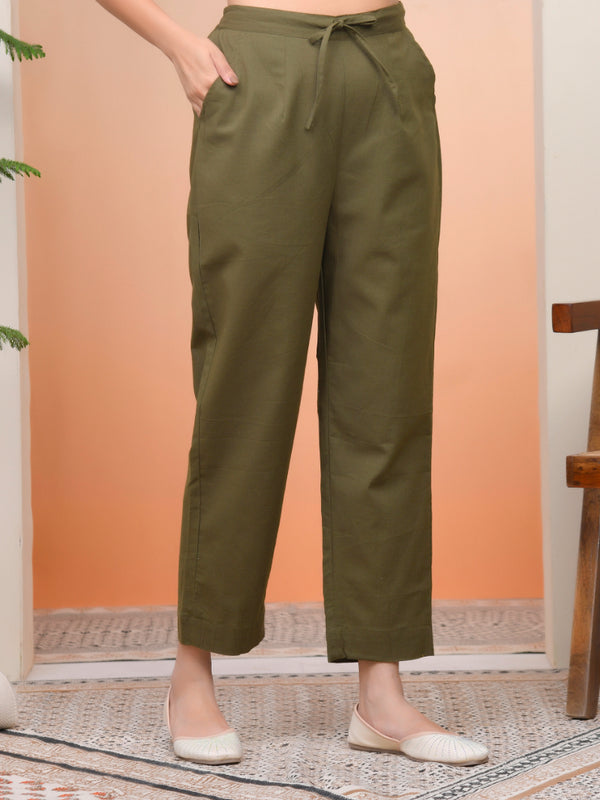 Women Olive Green Cotton Flax Solid Straight Pants