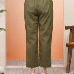 Women Olive Green Cotton Flax Solid Straight Pants