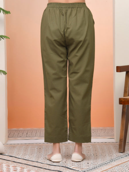 Women Olive Green Cotton Flax Solid Straight Pants