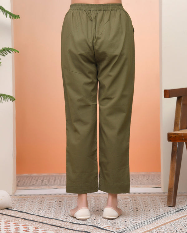 Women Olive Green Cotton Flax Solid Straight Pants