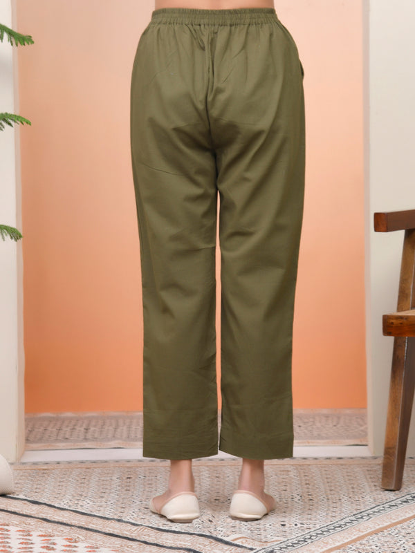 Women Olive Green Cotton Flax Solid Straight Pants