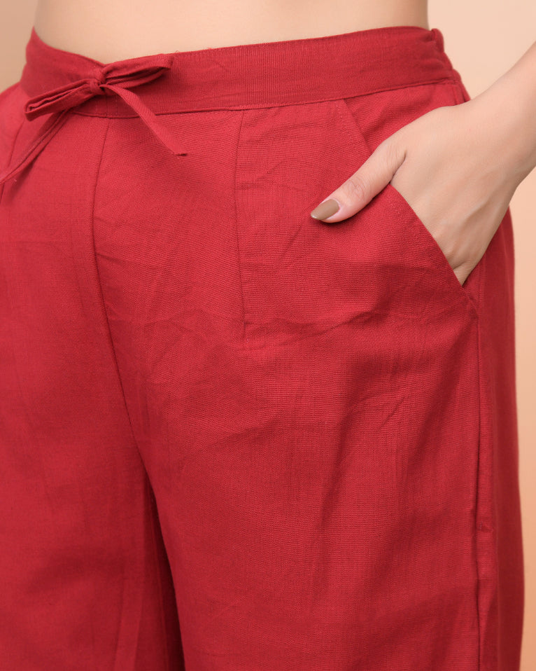 Women Maroon Cotton Flax Solid Straight Pants