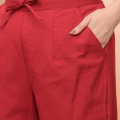 Women Maroon Cotton Flax Solid Straight Pants