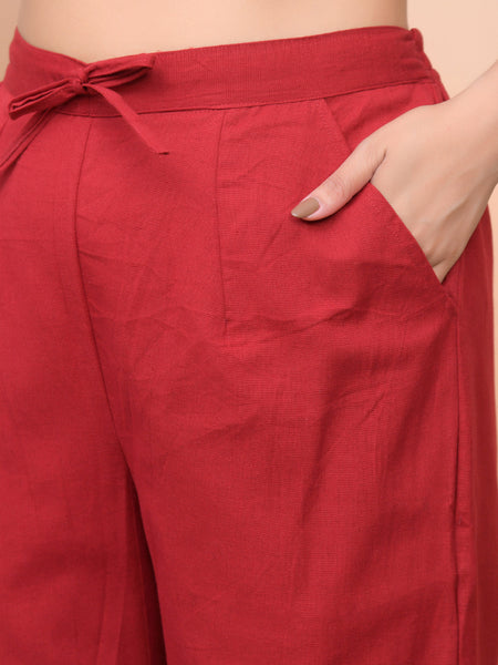 Women Maroon Cotton Flax Solid Straight Pants