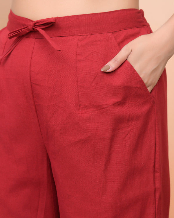 Women Maroon Cotton Flax Solid Straight Pants